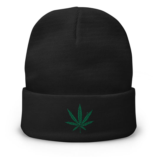 Black cuffed beanie with Cannabis Pot Leaf Marijuana embroidered artwork, front view