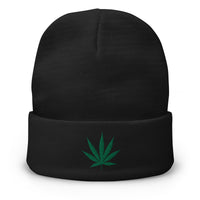 Black cuffed beanie with Pot Leaf Marijuana embroidered artwork, front view