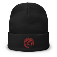 Black cuffed beanie with Horned Krampus embroidered artwork, front view