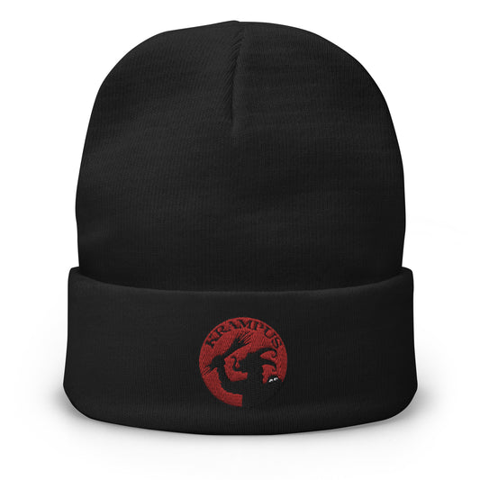 Black cuffed beanie with Horned Krampus embroidered artwork, front view