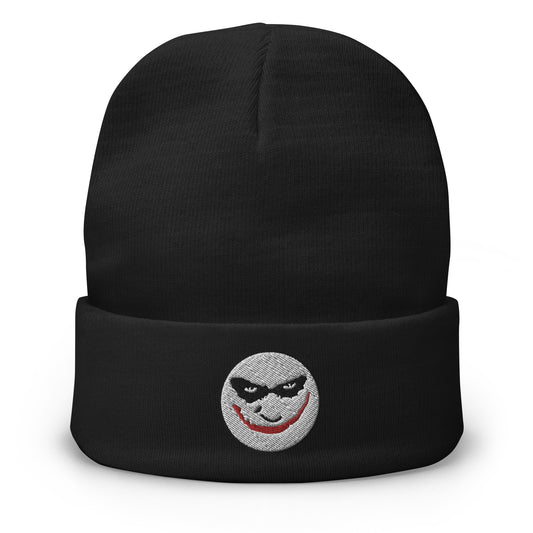 Black cuffed beanie with Evil Grin Joker embroidered artwork, front view