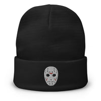 Black cuffed beanie with Hockey Mask Jason Voorhees embroidered artwork, front view