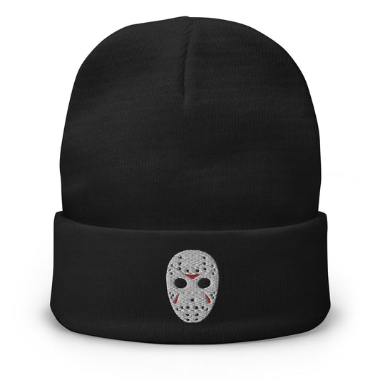 Black cuffed beanie with Hockey Mask Jason Voorhees embroidered artwork, front view