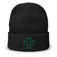 Black cuffed beanie with Iron Cross World War II embroidered artwork, front view