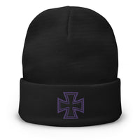 Black cuffed beanie with Iron Cross World War II embroidered artwork, front view