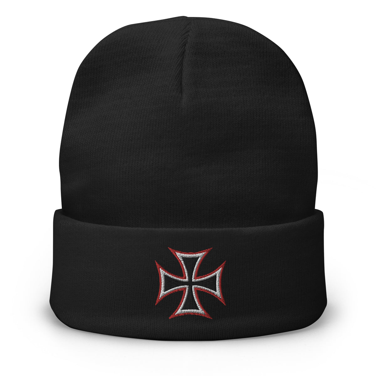 Black cuffed beanie with WWII Iron Cross embroidered artwork, front view