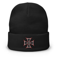 Black cuffed beanie with WWII Iron Cross embroidered artwork, front view
