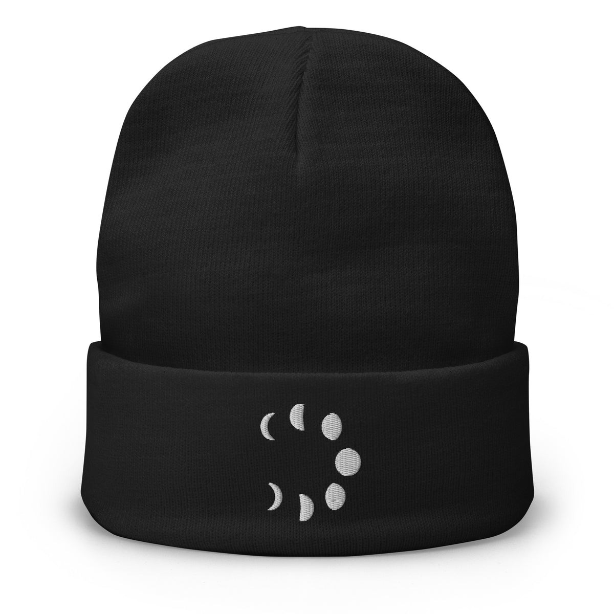 Black cuffed beanie with Lunar Moon Phases embroidered artwork, front view