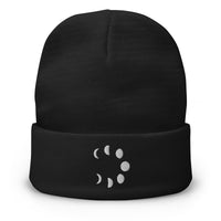 Black cuffed beanie with Lunar Moon Phases embroidered artwork, front view