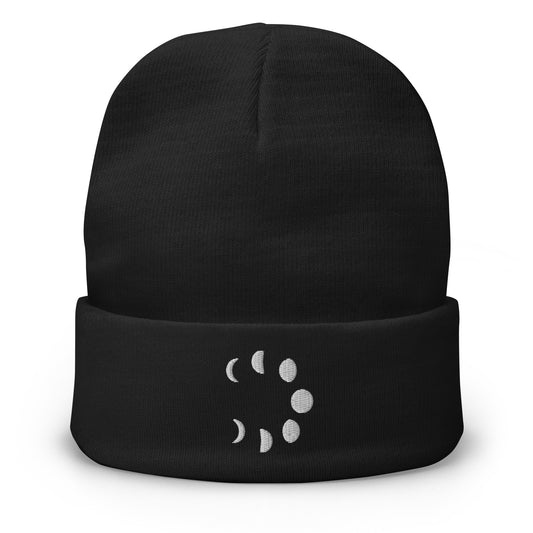 Black cuffed beanie with Lunar Moon Phases embroidered artwork, front view