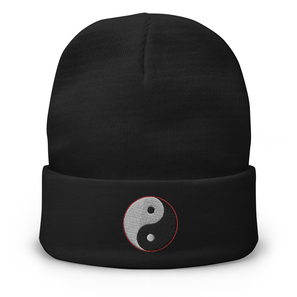 Black cuffed beanie with Yin and Yang Chinese embroidered artwork, front view