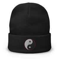 Black cuffed beanie with Yin and Yang Chinese embroidered artwork, front view