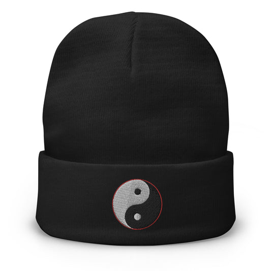 Black cuffed beanie with Yin and Yang Chinese embroidered artwork, front view