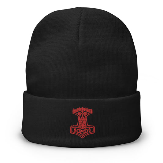 Black cuffed beanie with Odin War Hammer embroidered artwork, front view
