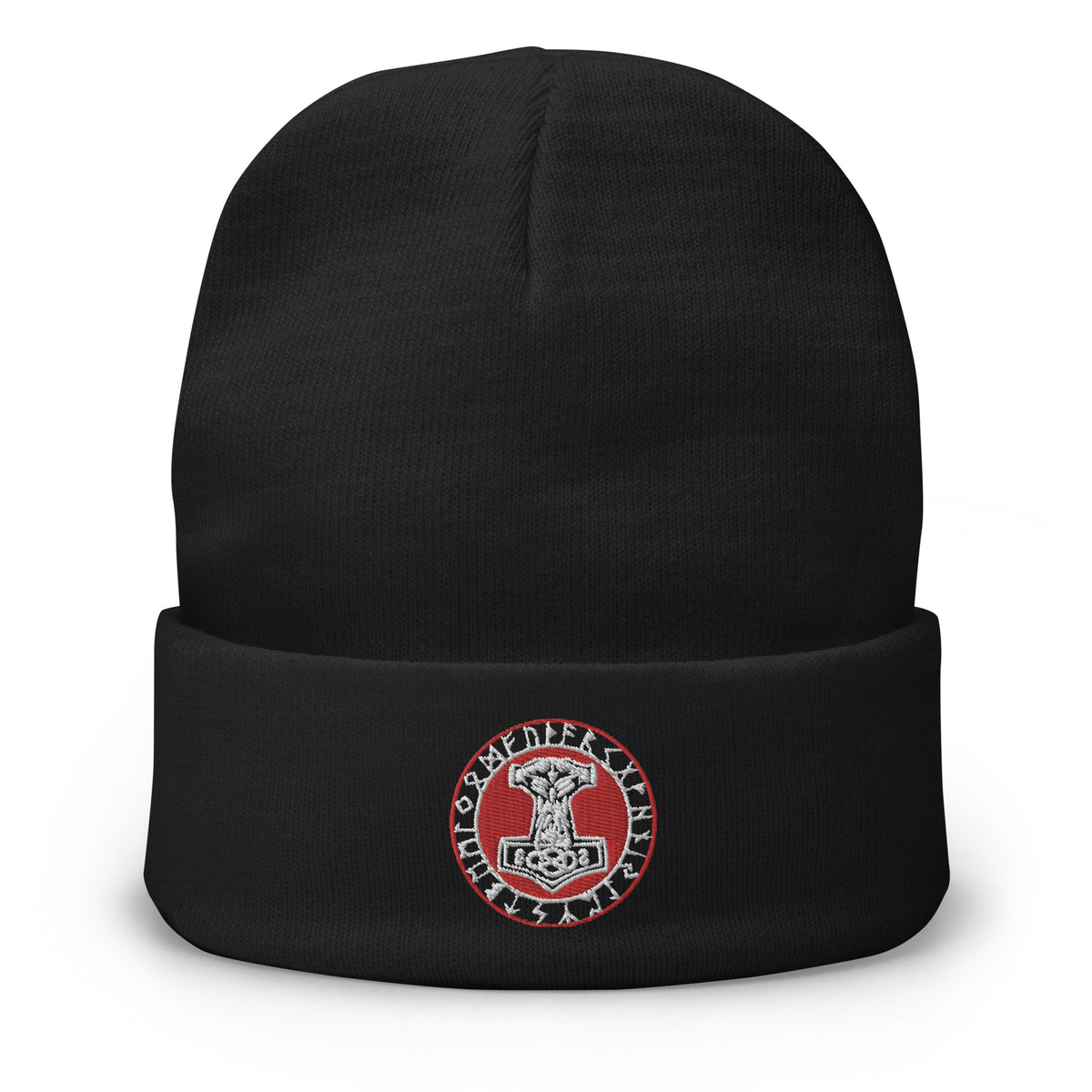 Black cuffed beanie with Odin Hammer Viking Runes embroidered artwork, front view