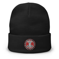 Black cuffed beanie with Odin Hammer Viking Runes embroidered artwork, front view