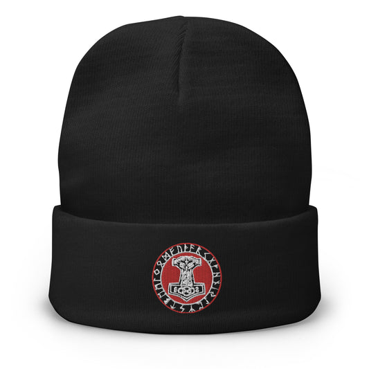 Black cuffed beanie with Odin Hammer Viking Runes embroidered artwork, front view