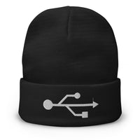 Black cuffed beanie with USB embroidered artwork, front view