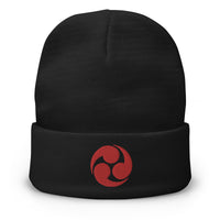 Black cuffed beanie with Tomoe Mitsudomoe Japanese embroidered artwork, front view