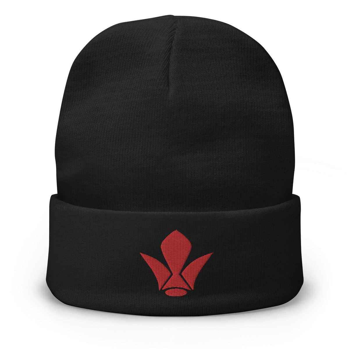 Black cuffed beanie with Tekkadan Iron Flower Brigade embroidered artwork, front view