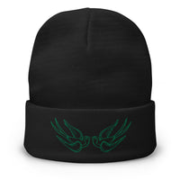 Black cuffed beanie with Falling Sparrows Tattoo Bird embroidered artwork, front view