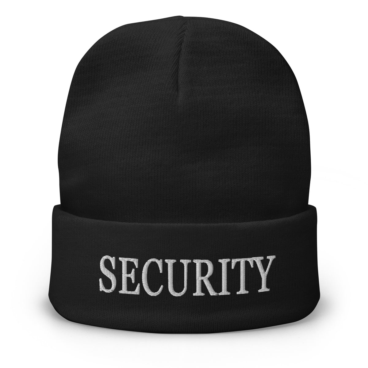 Black cuffed beanie with Security embroidered artwork, front view