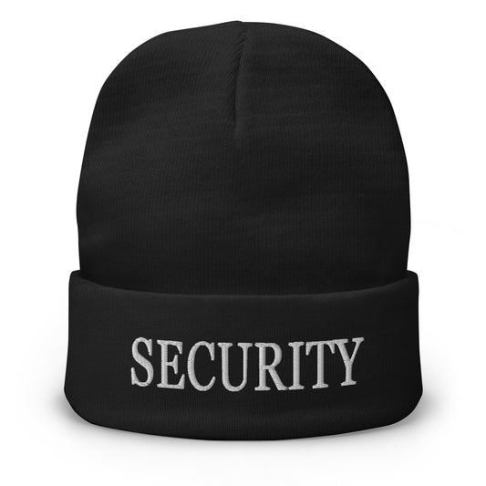 Black cuffed beanie with Security embroidered artwork, front view