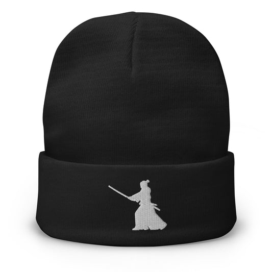 Black cuffed beanie with Ronin Samurai Warrior Swordsman embroidered artwork, front view