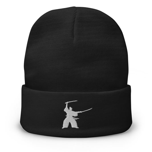 Black cuffed beanie with Samurai Two Sword Technique embroidered artwork, front view