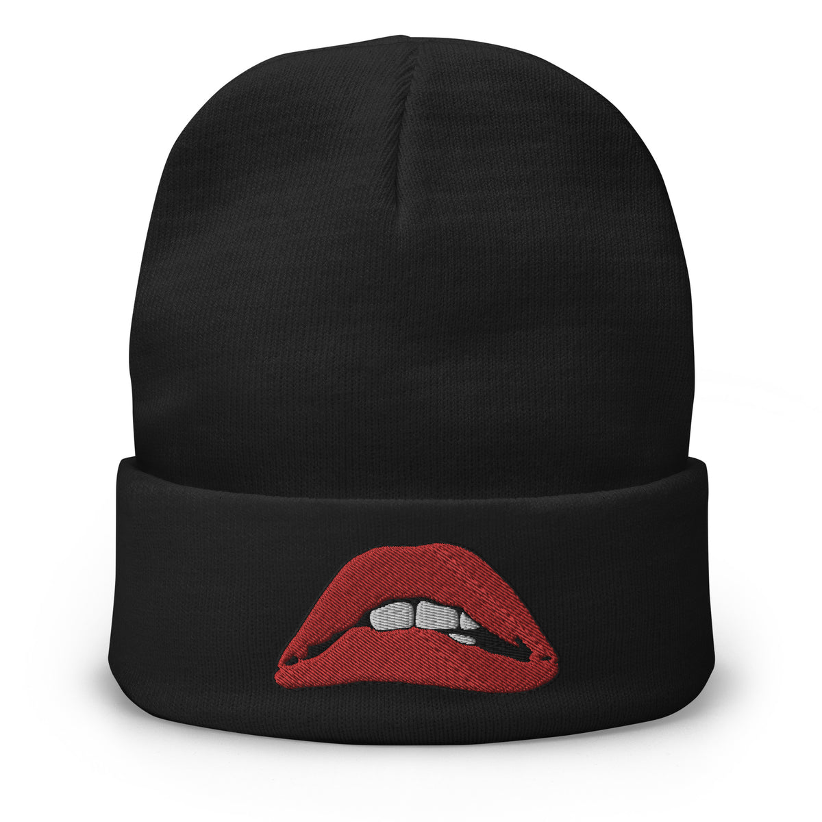 Black cuffed beanie with Rocky Picture Show Lips embroidered artwork, front view