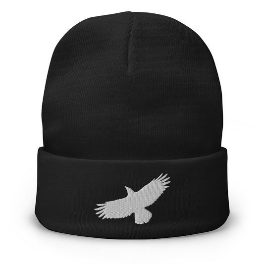 Black cuffed beanie with Flying Raven Black Bird embroidered artwork, front view