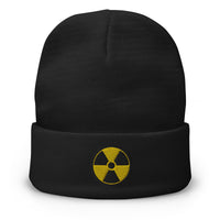 Black cuffed beanie with Radioactive Sign embroidered artwork, front view