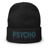 Black cuffed beanie with Psychobilly Psycho embroidered artwork, front view