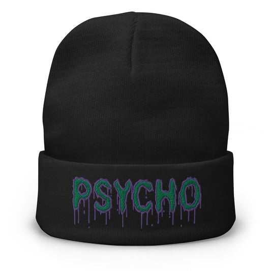 Black cuffed beanie with Psychobilly Psycho embroidered artwork, front view