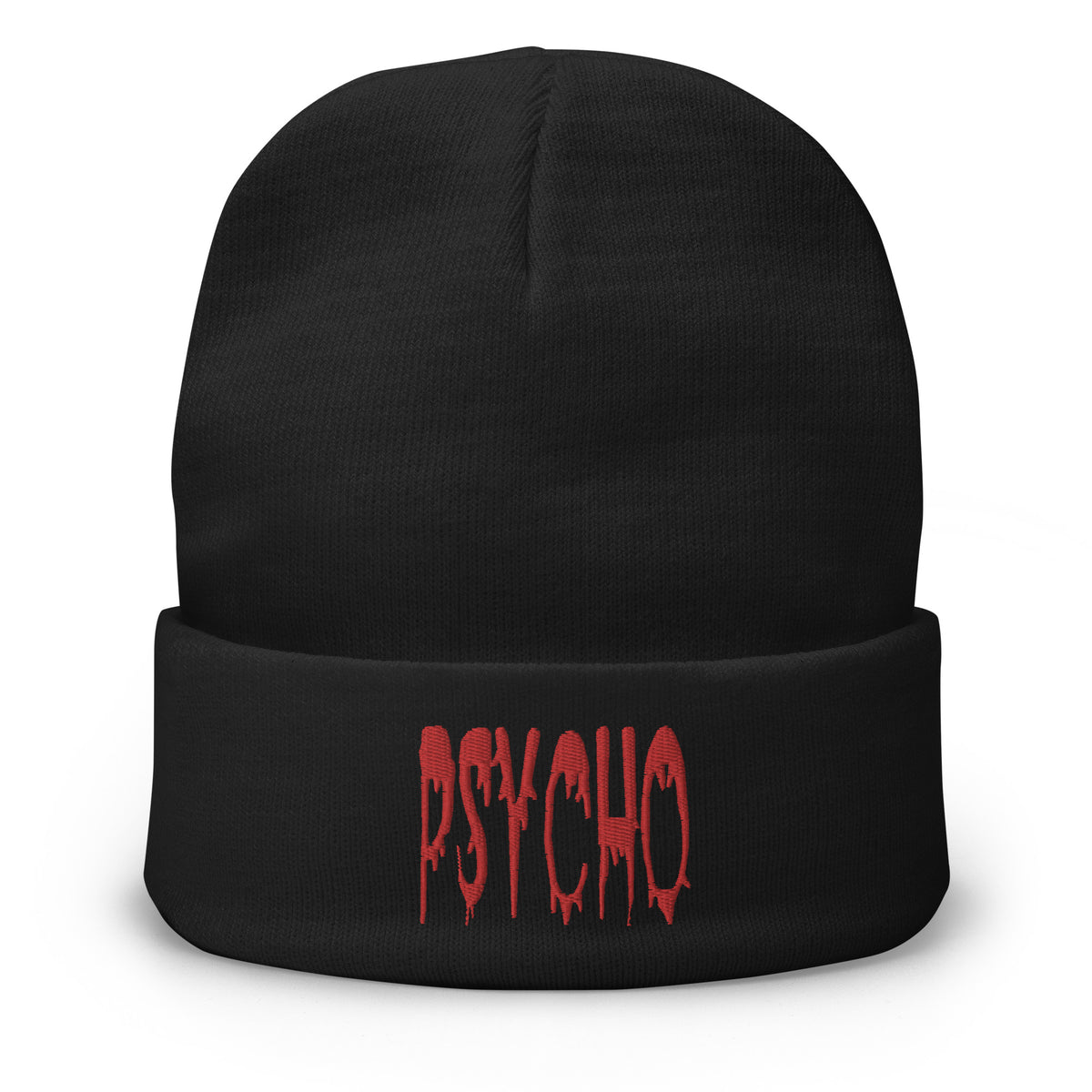 Black cuffed beanie with Psycho Red Blood Drip embroidered artwork, front view