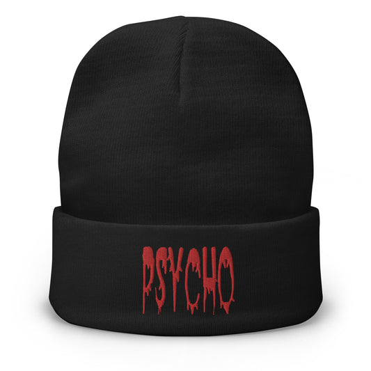 Black cuffed beanie with Psycho Red Blood Drip embroidered artwork, front view