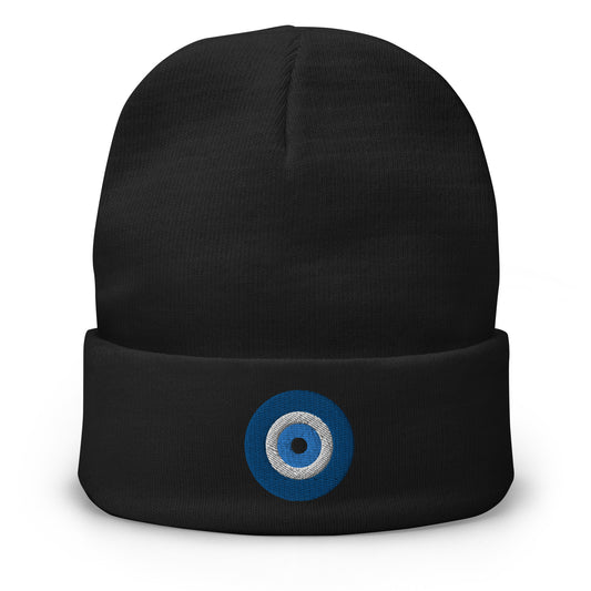 Black cuffed beanie with The Evil Eye embroidered artwork, front view