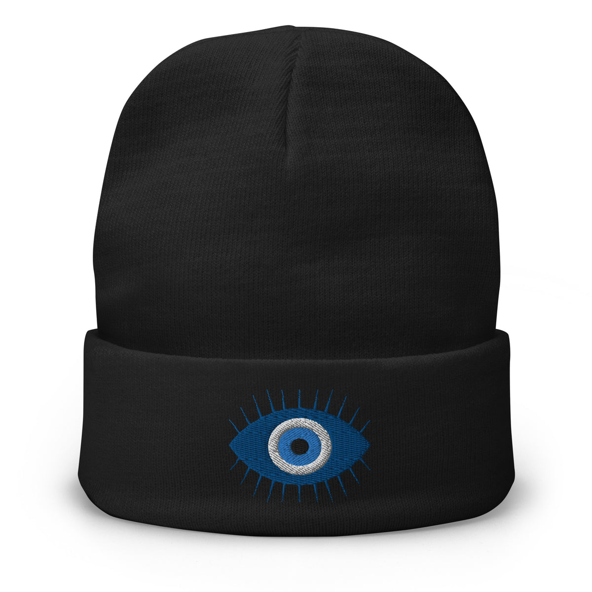 Black cuffed beanie with The Curse of the Evil Eye embroidered artwork, front view