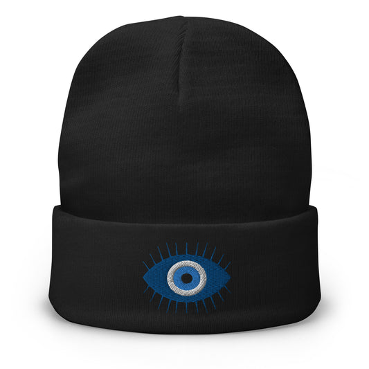 Black cuffed beanie with The Curse of the Evil Eye embroidered artwork, front view