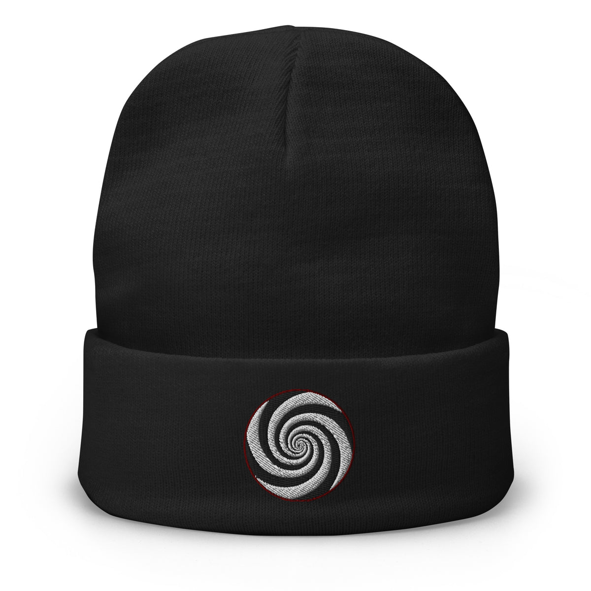 Black cuffed beanie with Hypnotic Hypnosis Spiral Illusion embroidered artwork, front view
