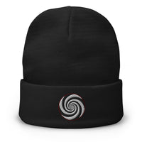 Black cuffed beanie with Hypnotic Hypnosis Spiral Illusion embroidered artwork, front view