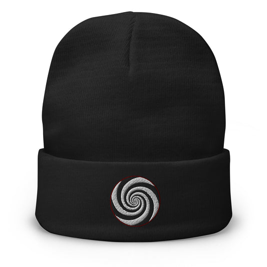 Black cuffed beanie with Hypnotic Hypnosis Spiral Illusion embroidered artwork, front view