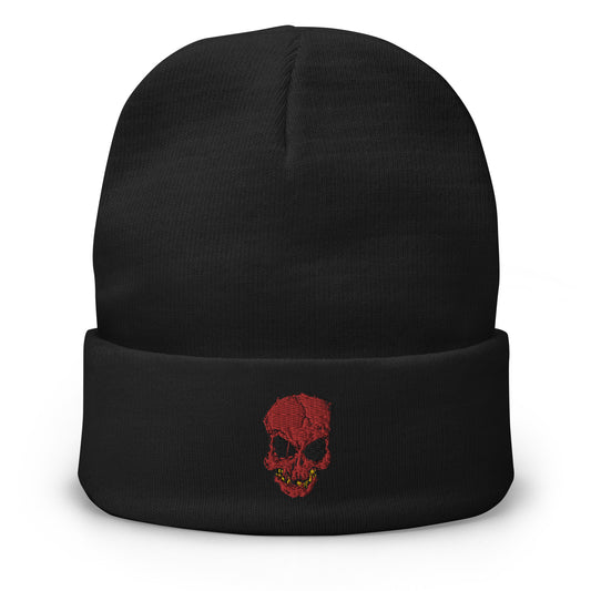 Black cuffed beanie with Broken Creepy Skull embroidered artwork, front view
