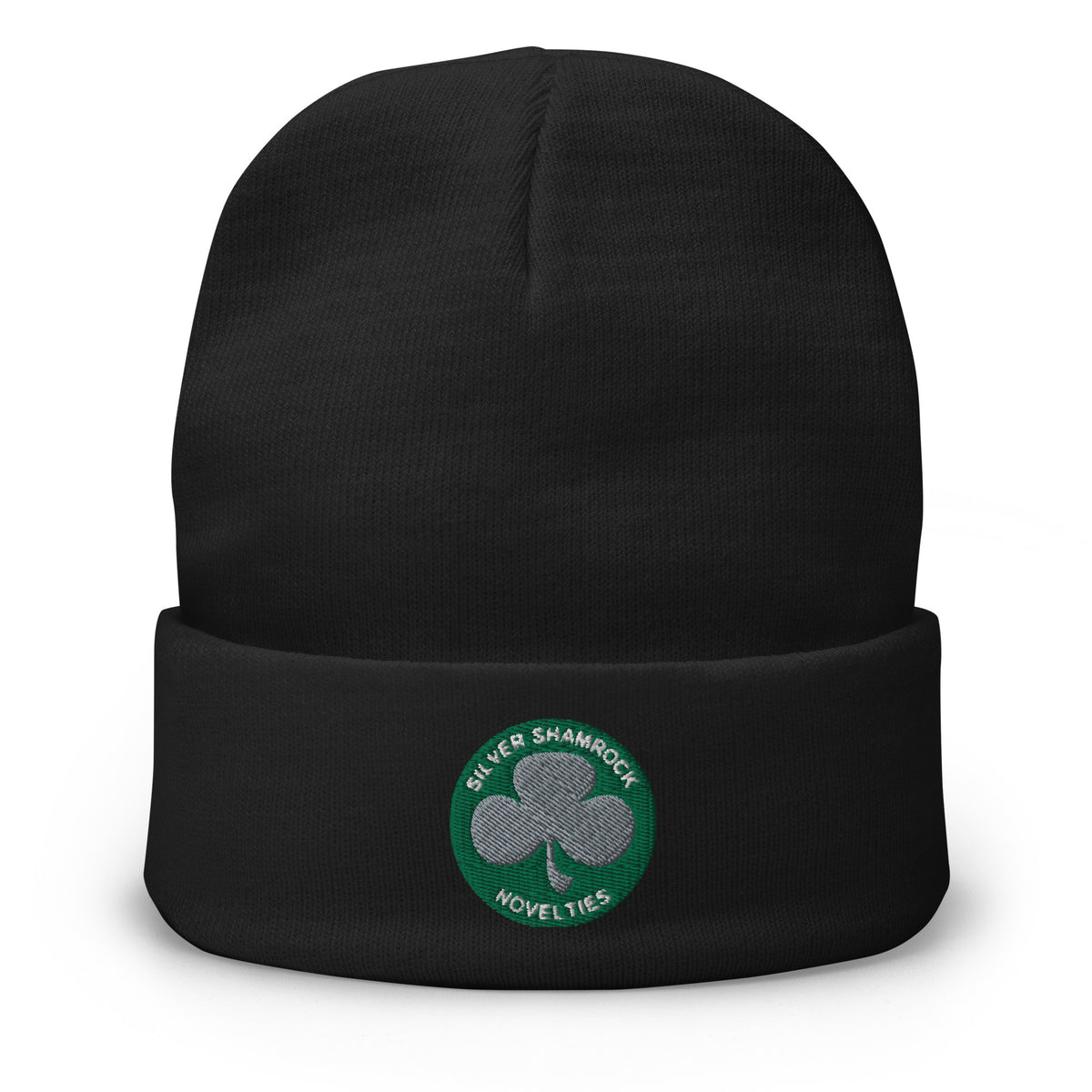 Black cuffed beanie with Silver Shamrock Novelties embroidered artwork, front view