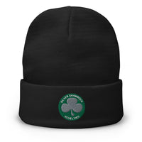 Black cuffed beanie with Silver Shamrock Novelties embroidered artwork, front view