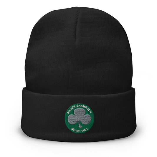 Black cuffed beanie with Silver Shamrock Novelties embroidered artwork, front view