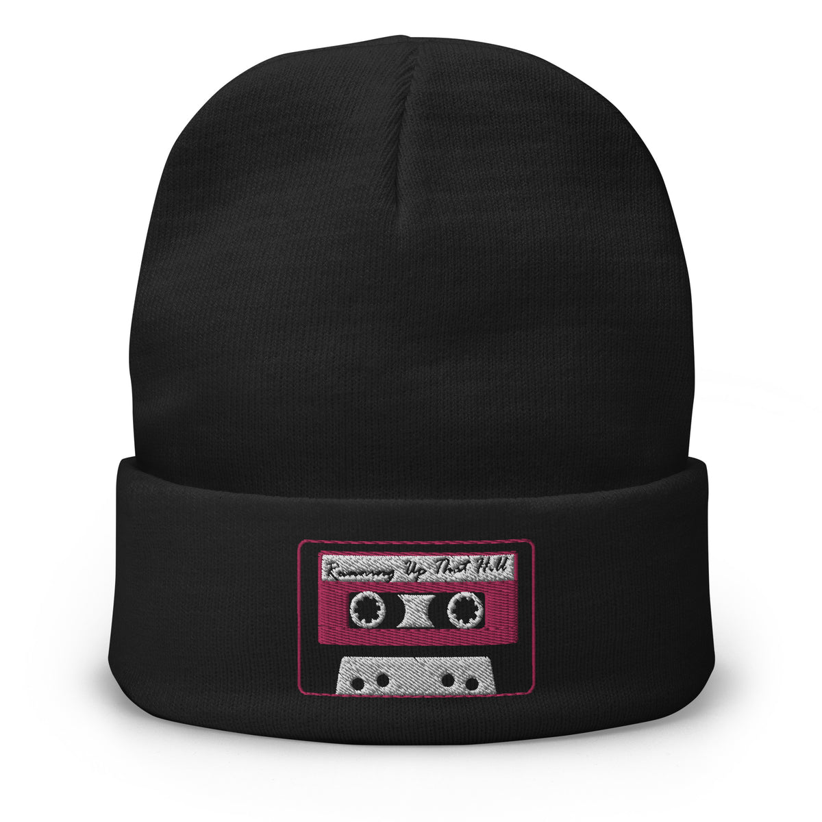 Black cuffed beanie with Running Up That Hill 80's Mix Tape embroidered artwork, front view