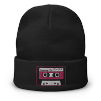 Black cuffed beanie with Running Up That Hill 80's Mix Tape embroidered artwork, front view