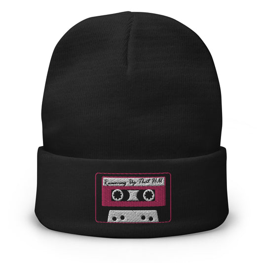 Black cuffed beanie with Running Up That Hill 80's Mix Tape embroidered artwork, front view