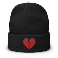 Black cuffed beanie with Red Broken Heart Valentine's Day embroidered artwork, front view